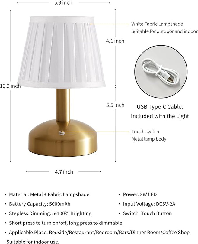 KDG Modern Cordless Small Table Lamp, Portable LED Fabric Shade Desk Lamps, 5000mAh Rechargeable Battery Operated Lighting for Bedroom, Bedside, Bar, Living Room, Dining Room, Night Light(Gold) - LeafyLoom