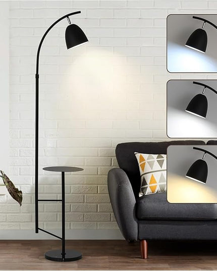 O'NEELDY Modern Black Arc Floor Lamp with Table Attached 71" Height Marble Arched Floor Lamp Curved Tall Shelf Standing Lamp for Living Room, Office, 360° Rotatable Shade, E26 Bulb Included - LeafyLoom