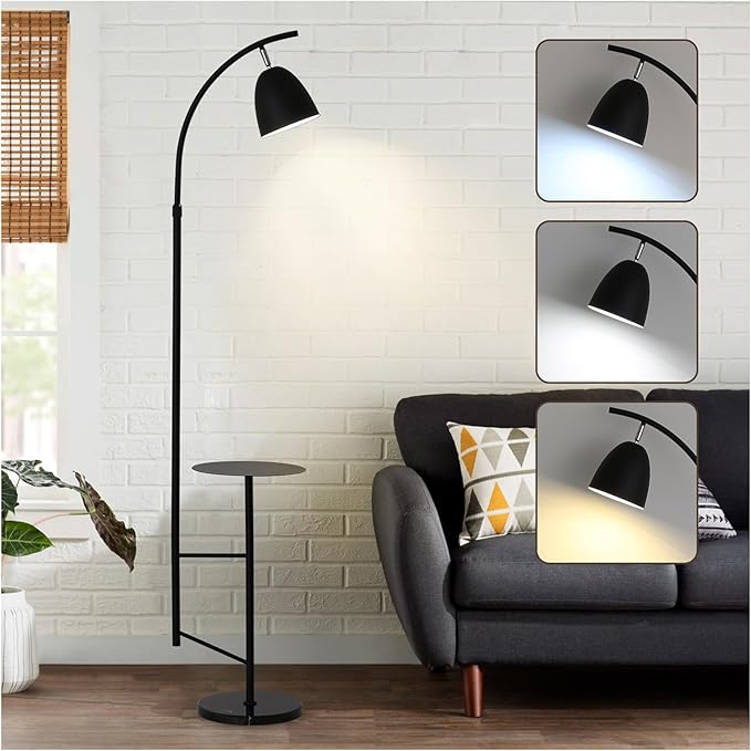 O'NEELDY Modern Black Arc Floor Lamp with Table Attached 71" Height Marble Arched Floor Lamp Curved Tall Shelf Standing Lamp for Living Room, Office, 360° Rotatable Shade, E26 Bulb Included - LeafyLoom