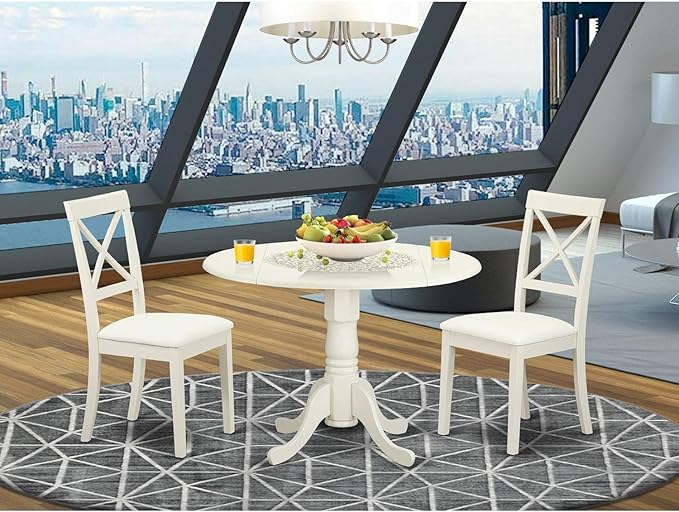 East West Furniture DLBO3-LWH-LC 3 Piece Modern Dining Table Set Contains a Round Wooden Table with Dropleaf and 2 Faux Leather Kitchen Dining Chairs, 42x42 Inch, Linen White - LeafyLoom