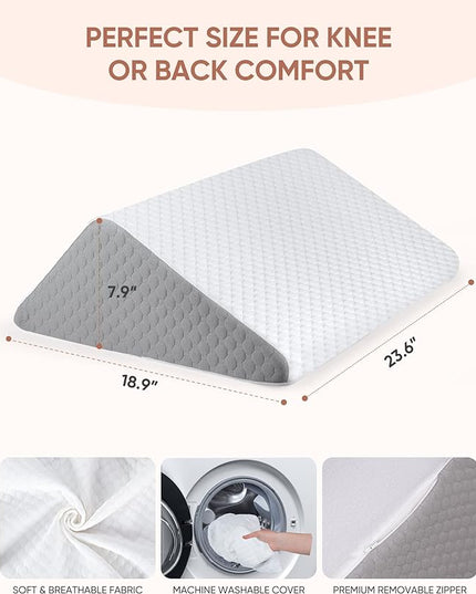 Forias Knee Wedge Pillow 8" Pure Memory Foam Bed Wedge Pillow for Sleeping After Surgery Triangle Pillow for Knee Support Leg Elevation Sciatica Knee Hip Back Pain Relief - Gray & White - LeafyLoom