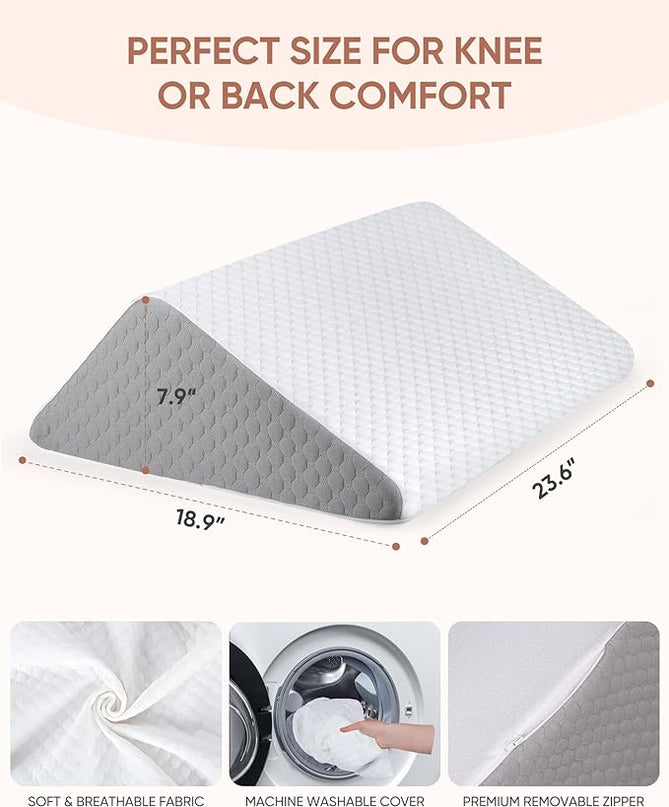 Forias Knee Wedge Pillow 8" Pure Memory Foam Bed Wedge Pillow for Sleeping After Surgery Triangle Pillow for Knee Support Leg Elevation Sciatica Knee Hip Back Pain Relief - Gray & White - LeafyLoom
