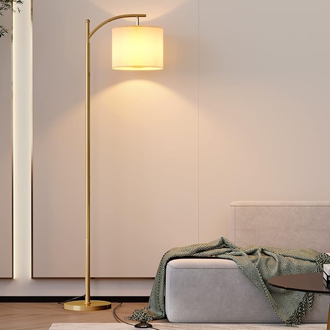 SUNMORY Arc Floor Lamp, Modern Floor Lamp with Romote Control and Stepless Dimmable Bulb, Metal Standing Lamps with Hanging Lampshade for Living Room, Bedroom, Office (Gold) - LeafyLoom