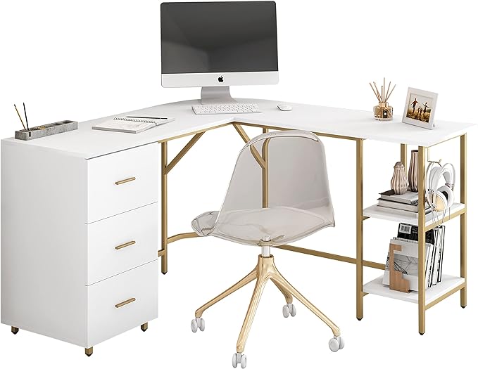Techni Mobili L Shaped Desk - Two-Toned Computer Desk with Drawers & Storage Shelves - Simple Modern Furniture & Home Office Space Corner Table for Work & Writing - LeafyLoom
