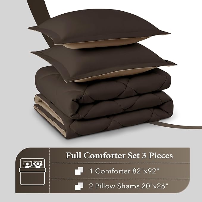 downluxe Full Size Comforter Set - Brown and Tan Full Comforter - Soft Bedding Sets for All Seasons -3- Piece Comforter Set Full with 2 Reversible Pillow Shams - LeafyLoom