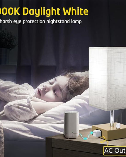 Small Table Lamp Set of 2 - Fully Dimmable Bedside Lamp for Bedroom Kids with USB C+A Ports & AC Outlet, Gold Nightstand Lamp for Home Office. Square Beige Fabric Shade Metal Base(LED Blubs Included). - LeafyLoom