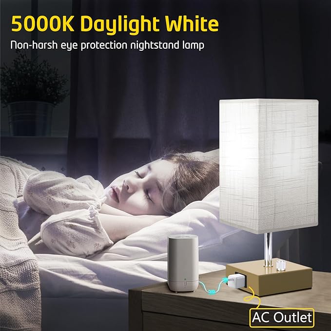 Small Table Lamp Set of 2 - Fully Dimmable Bedside Lamp for Bedroom Kids with USB C+A Ports & AC Outlet, Gold Nightstand Lamp for Home Office. Square Beige Fabric Shade Metal Base(LED Blubs Included). - LeafyLoom