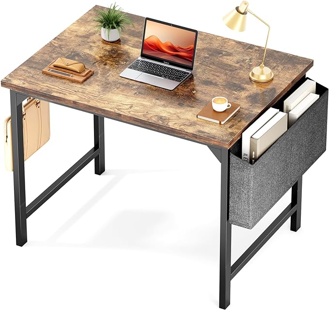 STATESVILLE 32 inch Small Computer Desk Writing Study Work Office Table Modern Simple with Storage Bag and Hook for Home Bedroom, Rustic Brown - LeafyLoom