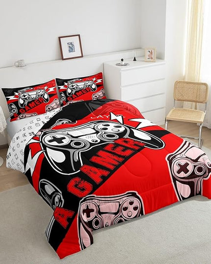 Erosebridal Gamer Comforter Sets for Boys Full Size,Gaming Bedding Sets for Boys Kids Teens Gamepad Gaming Comforter Set Game Room Decor,Red Black 3Pcs - LeafyLoom