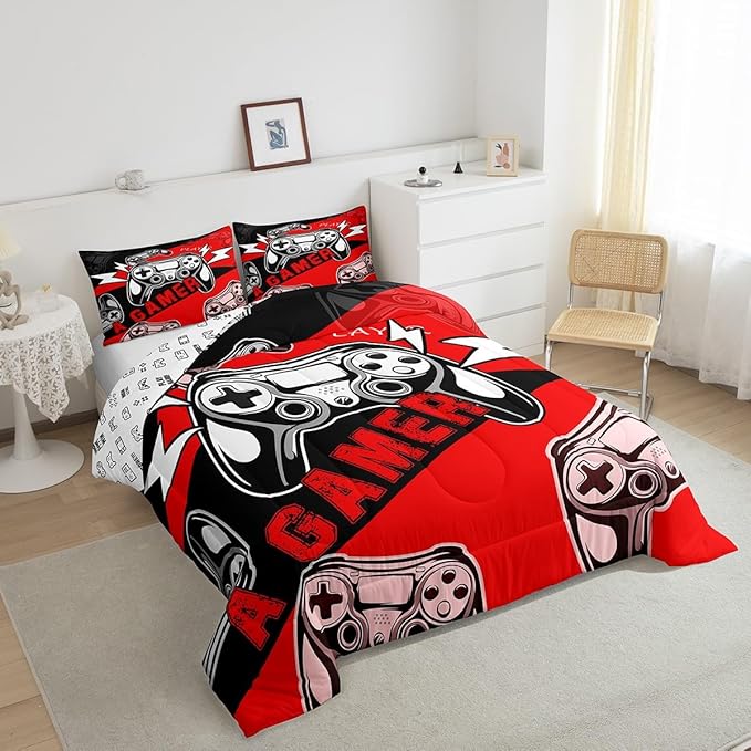 Erosebridal Twin Comforter Set for Boys Girls Kids,Gamer Comforter Sets for Boys Teens Video Game Bedding Set,Gaming Console Comforter Bedroom Decor Red Black 2Pcs - LeafyLoom