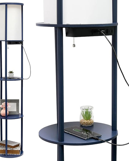 Simple Designs LF2010-NAV 62.5" Round Modern Shelf Etagere Organizer Storage Floor Lamp with 2 USB Charging Ports, 1 Charging Outlet and Linen Shade for Living Room Bedroom Office, Navy - LeafyLoom