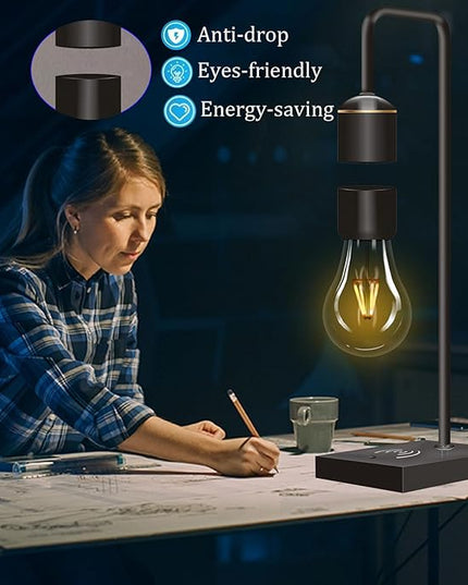 Magnetic Levitating Light Bulb with Luxury Wireless Charging Pad (Apple/Android) Levitation Plastic Black Floating Table Lamp White LED Night Light for Bedrooms Desk Toys Office Gifts - LeafyLoom