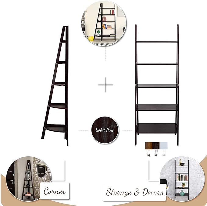 Casual Home 5-Shelf Corner Ladder Bookcase, Espresso - LeafyLoom