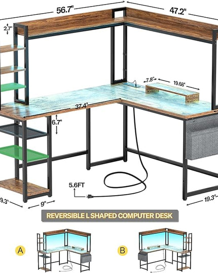 Aheaplus L Shaped Desk with Power Outlet, L Shaped Gaming Desk with Led Light & Hutch, Reversible Home Office Desk, Corner Computer Desk Writing Desk with Monitor Stand & Storage Shelf, Rustic Brown - LeafyLoom