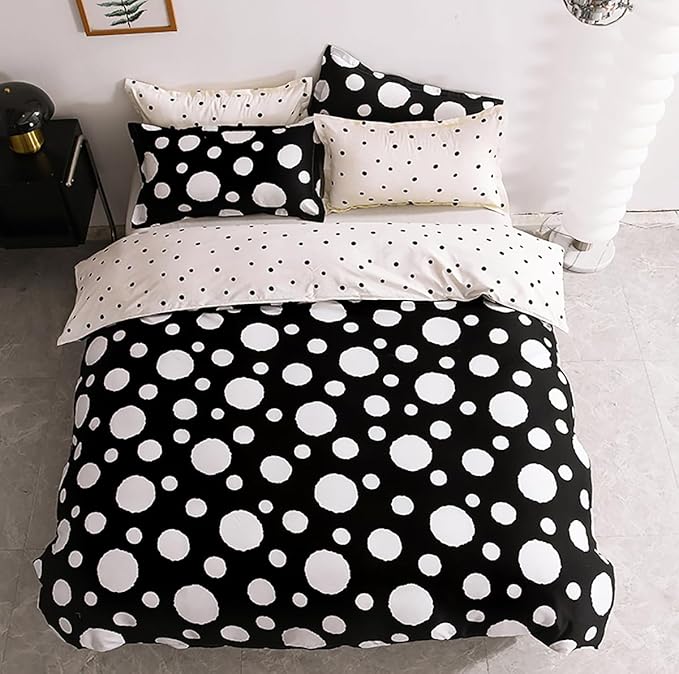 White Polka Dots Comforter King Black White Dots Print Reversible Gingham King Bedding Comforter Set Boys Girls Black White Bed Sets Soft 3Pcs King Comforter Sets - LeafyLoom