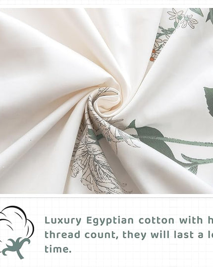 QSH Floral Queen Size Sheet Sets - 100% Egyptian Cotton Sheets Elegant Flower Pattern Printed Bedding Sheets Queen Size Bed Extra Soft and Breathable 4pcs Deep Pockets Bed Sheets - LeafyLoom