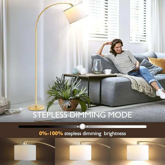 Arc Floor Lamps for Living Room, Modern Remote Control Standing FLamp with Stepless Dimmable, Gold Tall Lamp with White Drum Shade,Over Couch Arched Reading Light for Bedroom, Office(Bulb Included) - LeafyLoom