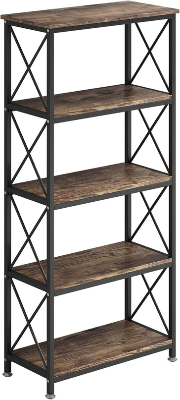 4NM Bookshelf 5 Tier Industrial Bookcase Home Office Adjustable Bookshelves Storage Shelves Organizer Vintage Book Shelf Display Rack for Living Room, Bedroom,Home (Rustic Brown and Black) - LeafyLoom