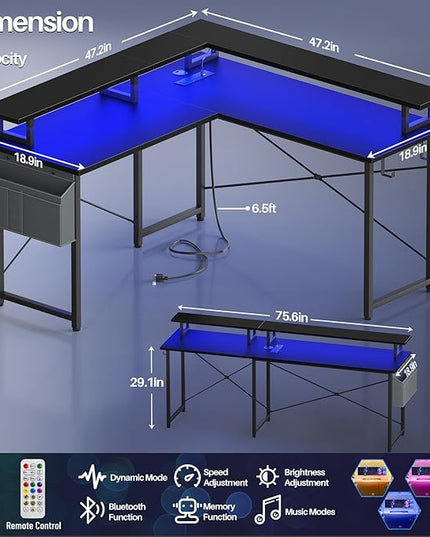 armocity L Shaped Computer Desk with Power Outlets, Gaming Desk L Shaped with LED Lights, Corner Desk with Storage Shelves, Work Study Desk for Bedroom, Home Office Small Spaces, 47'', Black - LeafyLoom