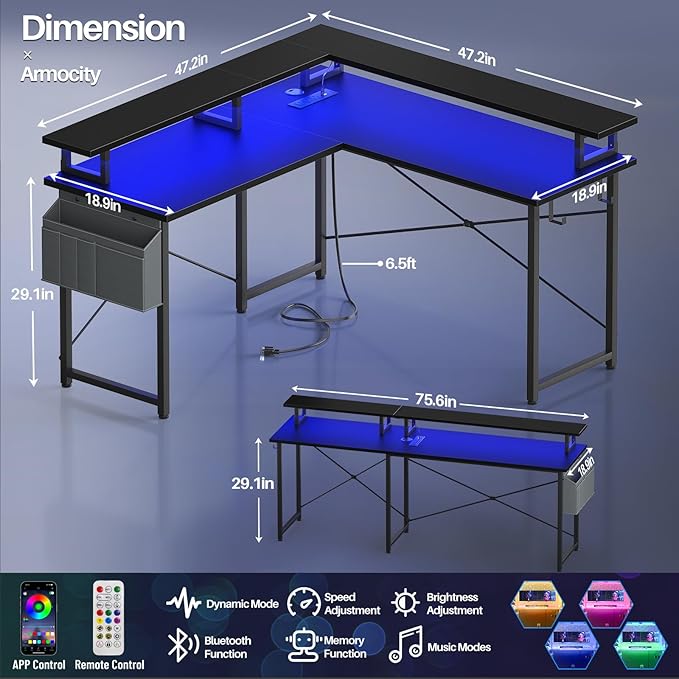 armocity L Shaped Computer Desk with Power Outlets, Gaming Desk L Shaped with LED Lights, Corner Desk with Storage Shelves, Work Study Desk for Bedroom, Home Office Small Spaces, 47'', Black - LeafyLoom