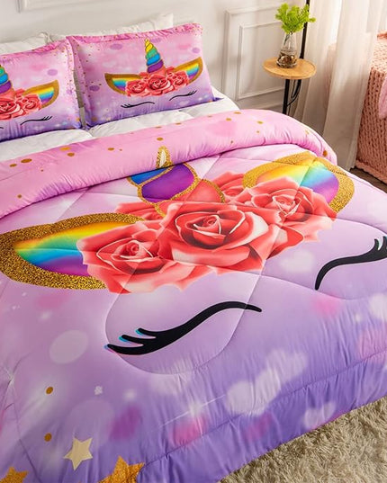 Unicorn Queen Bedding Sets for Girls Kids Comforter Set Queen Size with 2 Pillowcases Purple Unicorn Room Decor for Girls Bedroom Ultra Soft Machine Washable Toddler Bed Set - LeafyLoom