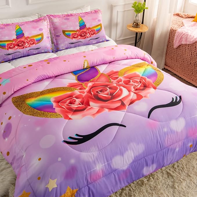 Unicorn Queen Bedding Sets for Girls Kids Comforter Set Queen Size with 2 Pillowcases Purple Unicorn Room Decor for Girls Bedroom Ultra Soft Machine Washable Toddler Bed Set - LeafyLoom
