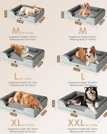 EHEYCIGA Orthopedic Dog Beds for Large Dogs, Waterproof Memory Foam Large Dog Bed with Sides, Non-Slip Bottom and Egg-Crate Foam Large Dog Couch Bed with Washable Removable Cover, Greyish Green EHEYCIGA