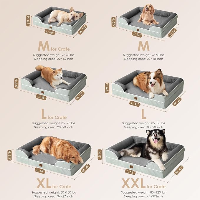 EHEYCIGA Orthopedic Dog Beds for Large Dogs, Waterproof Memory Foam Large Dog Bed with Sides, Non-Slip Bottom and Egg-Crate Foam Large Dog Couch Bed with Washable Removable Cover, Greyish Green EHEYCIGA