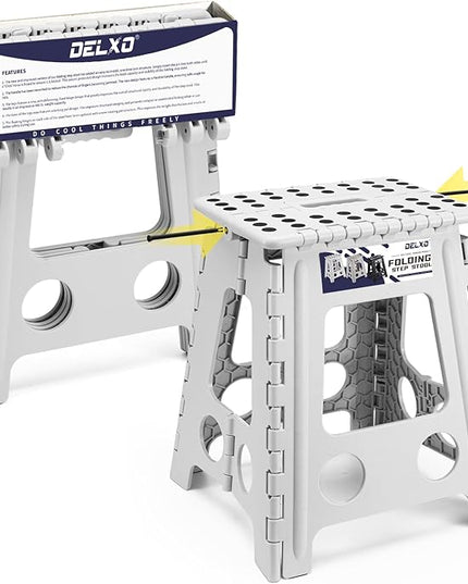 Delxo 16 Inch Folding Step Stool, Heavy Duty Foldable Stool for Adults,Premium Portable Collapsible Plastic Step Stool,Non Slip Folding Stools for Kitchen Bathroom Bedroom Up to 400LBS,(Grey 1PC) - LeafyLoom