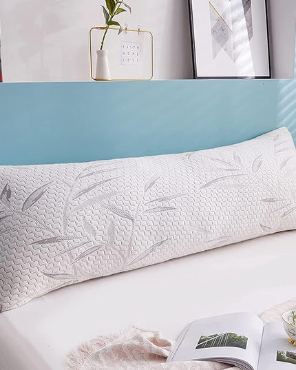 WhatsBedding Memory Foam Body Pillow for Adults with Zipperd Rayon Derived from Bamboo Cover, Breathable Long Pillow for Side Sleeper, Shredded Memory Foam Stuffing, Grey Leaf - LeafyLoom