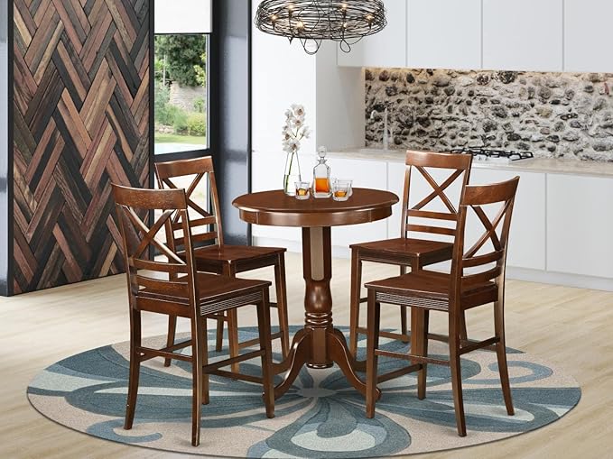 East West Furniture EDQU5-MAH-W Eden 5 Piece Counter Height Set Includes a Round Kitchen Table with Pedestal and 4 Dining Room Chairs, 30x30 Inch, Mahogany - LeafyLoom