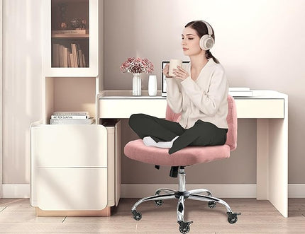 Criss Cross Chair with Wheels, Comfy Fabric Cross Legged Office Chair for Adult, Armless Wide Seat Desk Chair with Lumbar Pillow,Swivel Vanity Chair for Home Office, Conference (Pink) - LeafyLoom