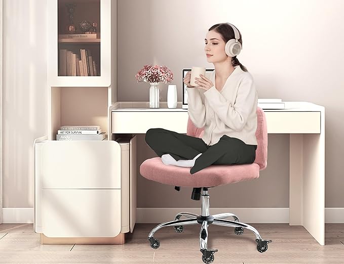 Criss Cross Chair with Wheels, Comfy Fabric Cross Legged Office Chair for Adult, Armless Wide Seat Desk Chair with Lumbar Pillow,Swivel Vanity Chair for Home Office, Conference (Pink) - LeafyLoom