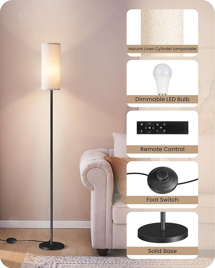 Dimmable Floor Lamp for Living Room, Corner Floor Lamp with Remote, 66'' Standing Tall Lamp, Linen Lampshade, 10W 800LM LED Bulb for Bedroom Study, FCC Listed, Black and Beige E06LD05 - LeafyLoom