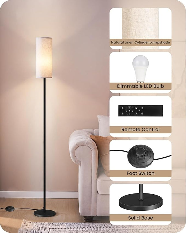Dimmable Floor Lamp for Living Room, Corner Floor Lamp with Remote, 66'' Standing Tall Lamp, Linen Lampshade, 10W 800LM LED Bulb for Bedroom Study, FCC Listed, Black and Beige E06LD05 - LeafyLoom