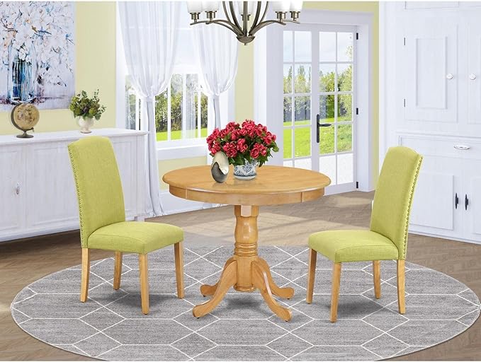 East West Furniture Antique 3 Piece Room Furniture Set Contains a Round Kitchen Table with Pedestal and 2 Limelight Linen Fabric Parson Dining Chairs, 36x36 Inch, ANEN3-OAK-07 - LeafyLoom