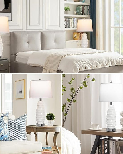 QiMH White Table Lamp Set of 2, 26" Farmhouse Bedside Lamps for Bedroom with USB Port, Modern Ceramic Lamp with White Shade Nightstand Living Room Decor, LED Bulb Included - LeafyLoom