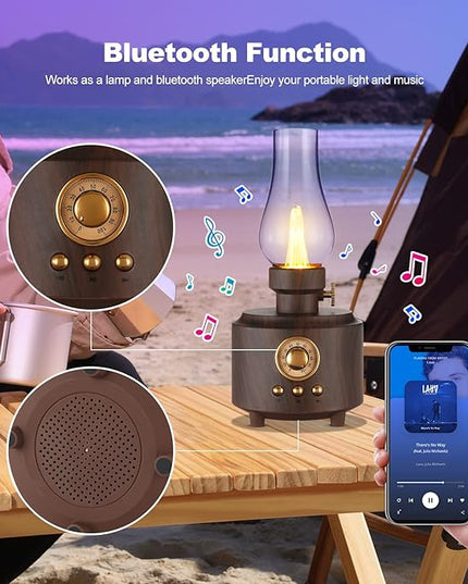 Vintage Table Lamp Retro Bluetooth Speaker Rechargeable Portable Night Light Flameless LED Oil Lamp Bedside Desk Lamp for Bedroom, Cafe, Bar, Desk Decor, Outdoor Camping Birthday Gift - LeafyLoom