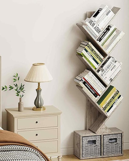 Vagusicc 6 Tier Tree Bookshelf - Retro Shelf Floor Standing Bookcase with Baskets, Tall Wood Book Storage Rack for Books/CDs, Tree Utility Book Organizer Shelves for Living Room, Home Office, Bedroom - LeafyLoom