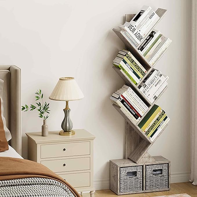 Vagusicc 6 Tier Tree Bookshelf - Retro Shelf Floor Standing Bookcase with Baskets, Tall Wood Book Storage Rack for Books/CDs, Tree Utility Book Organizer Shelves for Living Room, Home Office, Bedroom - LeafyLoom