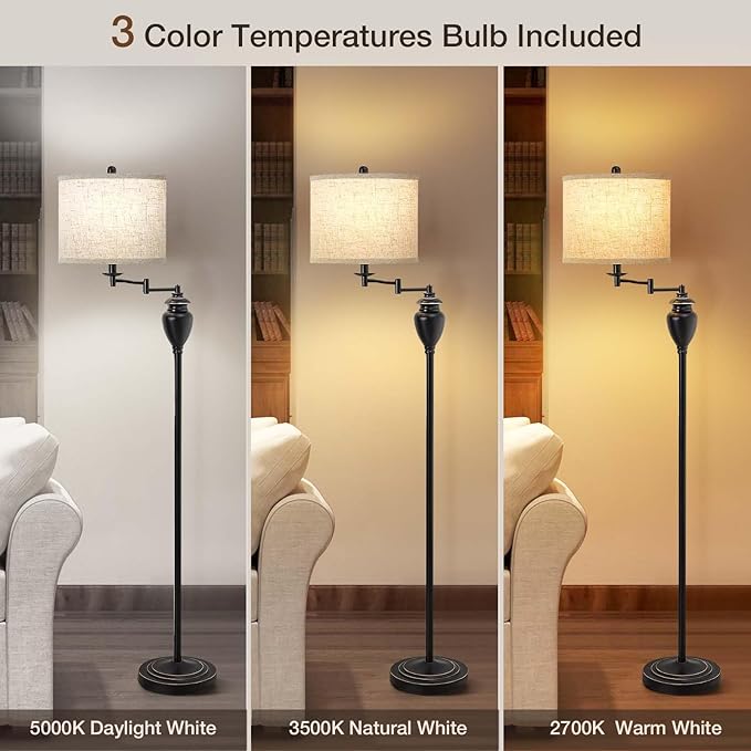 Floor Lamp for Living Room Bedroom, 3 Color Temperature 350° Adjustable Swing Arm Floor Lamp Vintage Standing Lamp Traditional Farmhouse Floor Lamp Tall Lamp for Office Home Nursery Study Room Hotel - LeafyLoom