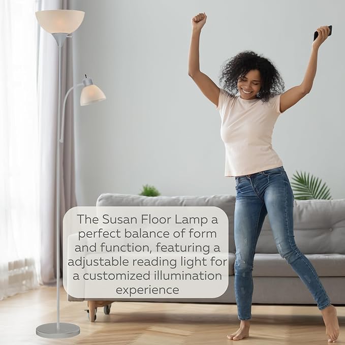 Adjustable Silver Floor Lamp with Reading Light By Light Accents - Susan Modern Standing Lamp For Living Room/Office Lamp 72" Tall - 150-watt With Side Reading Light Corner Lamp (Silver) - LeafyLoom