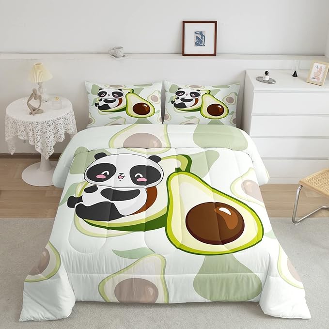 Erosebridal Panda Comforter Set Full,Avocado Bedding Set Cute Black White Panda Bedding Bear Cat Bedding Comforter for Kids Boys Girls Green Tropical Fruit Quilt Duvet Set Room Decor 2 Pillow Cases - LeafyLoom