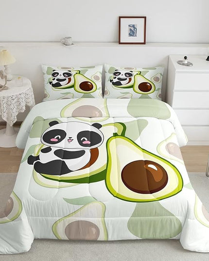 Kids Cute Panda Bedding Set Twin Kawaii Avocado Comforter Set for Boys Girls Bedroom Dorm Decor,Fruit Cartoon Exotic Animal Bedding Comforter Sets Giant Panda Bed Quilt Sets 2 Pcs Green Black White - LeafyLoom