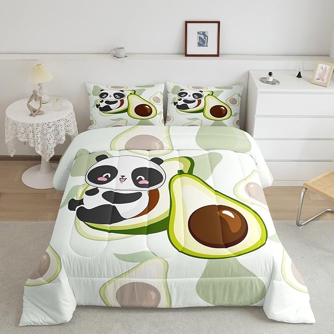 Kids Cute Panda Bedding Set Twin Kawaii Avocado Comforter Set for Boys Girls Bedroom Dorm Decor,Fruit Cartoon Exotic Animal Bedding Comforter Sets Giant Panda Bed Quilt Sets 2 Pcs Green Black White - LeafyLoom