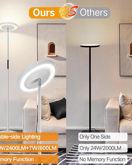 OUTON LED Torchiere Floor Lamp, Super Bright Dimmable Tall Standing Lamp with Remote Touch Control, 4 Color Temperatures, 1-Hour Timer for Living Room, Bedroom, Office (Light Grey) - LeafyLoom