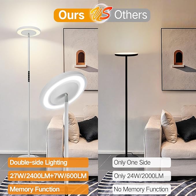 OUTON LED Torchiere Floor Lamp, Super Bright Dimmable Tall Standing Lamp with Remote Touch Control, 4 Color Temperatures, 1-Hour Timer for Living Room, Bedroom, Office (Light Grey) - LeafyLoom