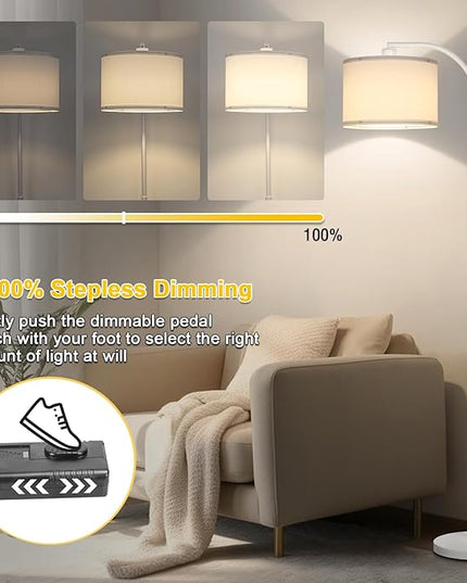 Floor lamps for Living Room, White Arc Floor Lamp with Stepless Dimmer, Modern Standing Lamp with Adjustable Drum Shade, Tall Pole Lamp for Bedroom Study Room Office, 9W 3000K LED Bulb Included - LeafyLoom