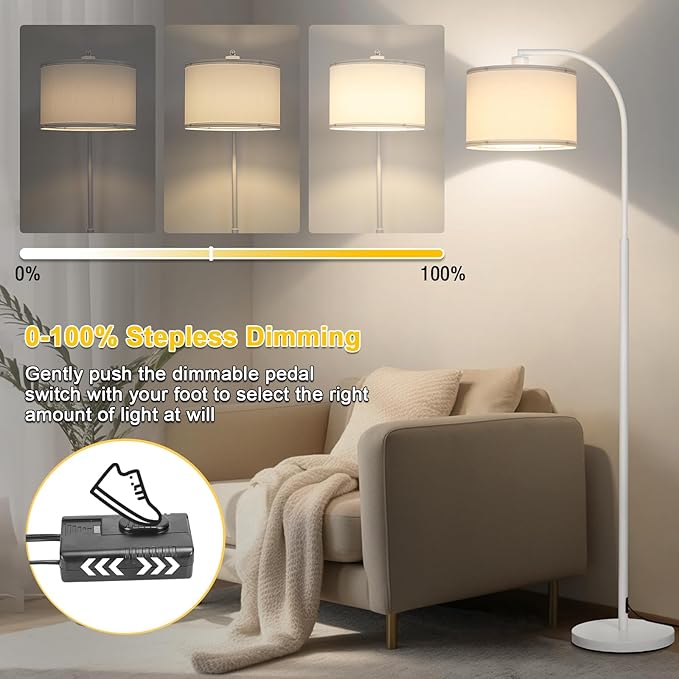 Floor lamps for Living Room, White Arc Floor Lamp with Stepless Dimmer, Modern Standing Lamp with Adjustable Drum Shade, Tall Pole Lamp for Bedroom Study Room Office, 9W 3000K LED Bulb Included - LeafyLoom