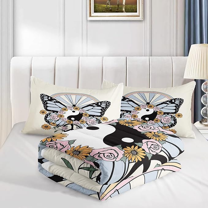 CVHOUSE Butterfly Bedding Set,Butterfly Comforter King,Butterfly Comforter Set for Girls Kids Teens,Butterflies Quilt Set with 1 Comforter and 2 Pillow Cases- 3 Piece - LeafyLoom